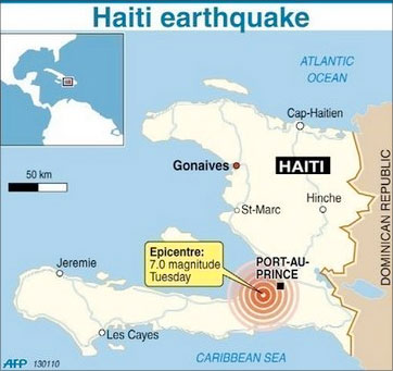 Map of Haiti showing the jan.12 epicenter