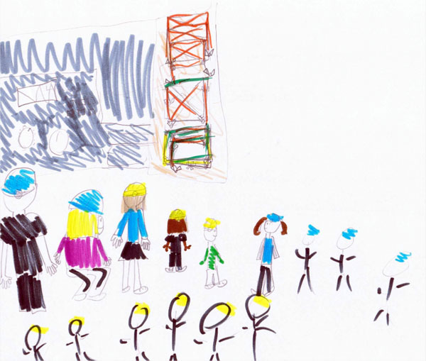 A drawing of the shaking table test by a 1st grader at Glenview School in Oakland