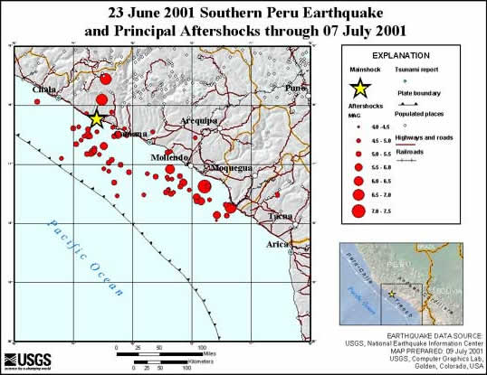 map - 23 June Southern Peru earthquake and principal aftershoxck areas through 07 July 2001