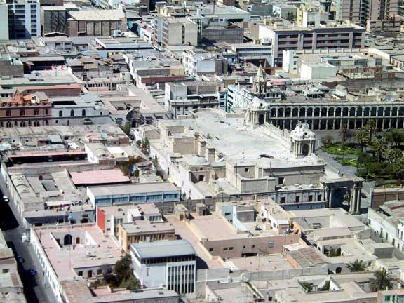 Aerial view of the Cathedral in Arequipa showing damage to the bell towers