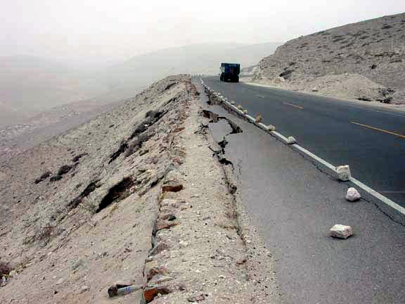 Slope failure on a damaged roadway